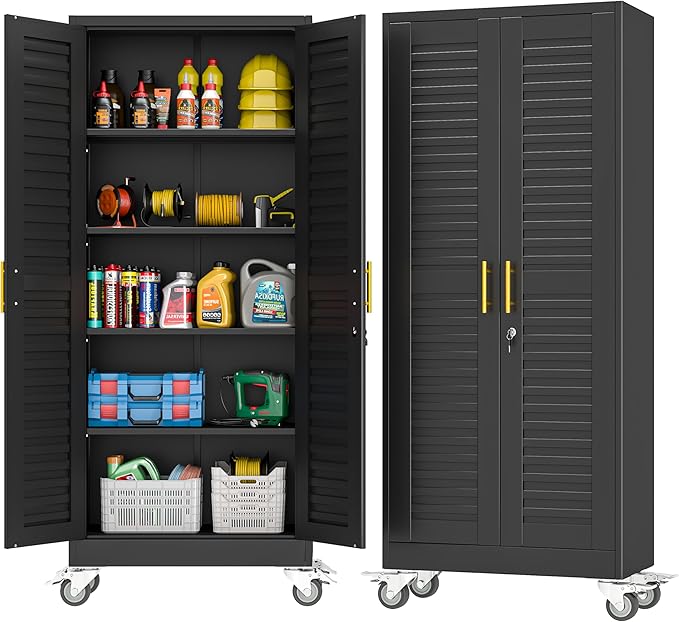 71’’H Metal Garage Storage Cabinet with Wheels, Metal Storage Cabinet with Louvered Doors, Rolling Tool Cabinet with Adjustable Shelves, Large Utility Cabinet for Office,Garage,Kitchen（Black）
