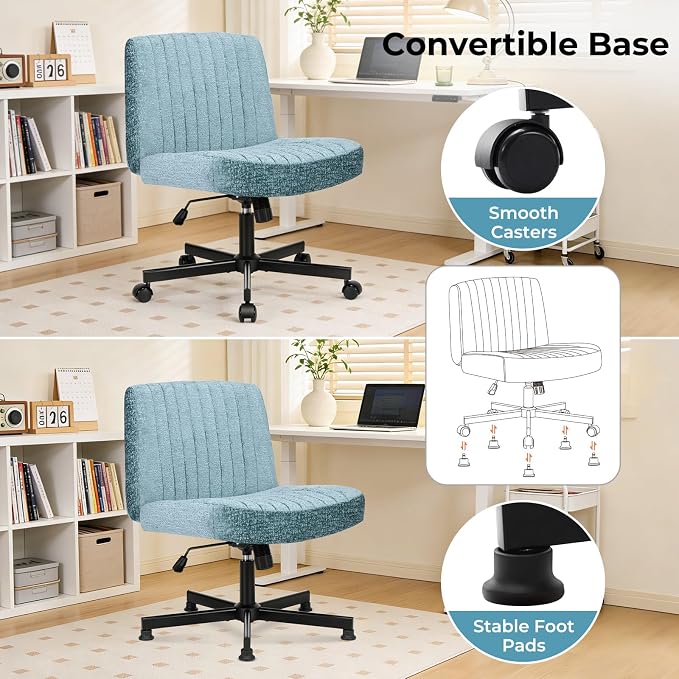 Convertible Base Criss Cross Chair with Pocket Springs & Thicker and Wider Cushions, Cross Legged Office Chair Relieves Back Pain, Swivel Vanity Chair for Living Room/Office, Dark Teal