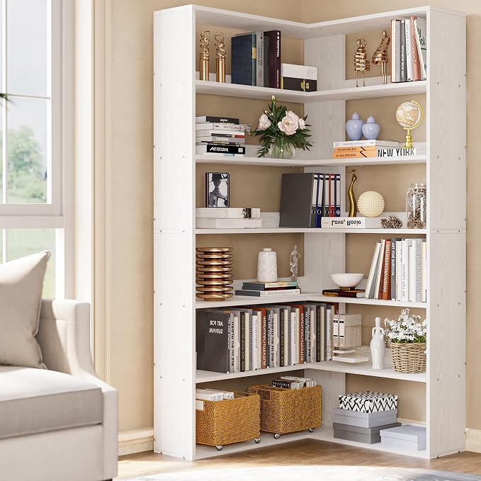 IRONCK Bookshelves 6 Tiers with Baffles Industrial Large Corner Etagere Bookcase Storage Display Rack for Living Room Home Office
