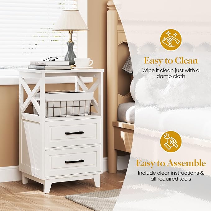 RoyalCraft 30" Tall Nightstand, Modern Painted Bedside Table with 2 Drawers and Open Shelf, Wood Side Table for Bedroom, Home Office, White-Open Shelf Above, Set of 1