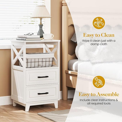 RoyalCraft 30" Tall Nightstand, Modern Painted Bedside Table with 2 Drawers and Open Shelf, Wood Side Table for Bedroom, Home Office, White-Open Shelf Above, Set of 1