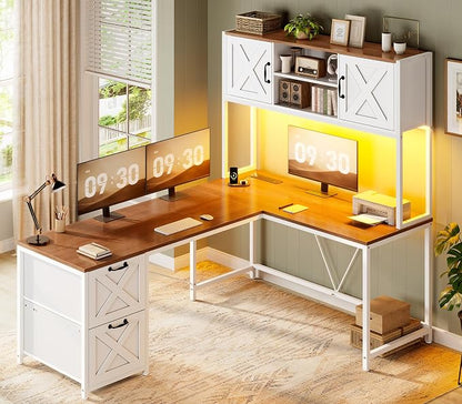 SEDETA Farmhouse L Shaped Desk with Hutch, Reversible 86.6" Computer Desk with Power Outlet, Drawers and LED Light for Home Office/Two Person, Corner Desk with Storage Shelves, White and Brown
