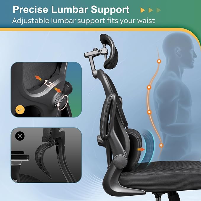 DEVAISE Ergonomic Mesh Desk Chair, Separated-Adjustable Lumbar Support，Large Cushion, Flip-up Armrests, 90-125° Rocking Tilt, for Home Office Computer Gaming, Black