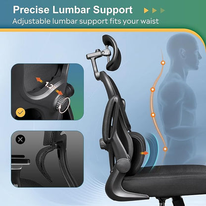 DEVAISE Ergonomic Mesh Desk Chair, Separated-Adjustable Lumbar Support，Large Cushion, Flip-up Armrests, 90-125° Rocking Tilt, for Home Office Computer Gaming, Black