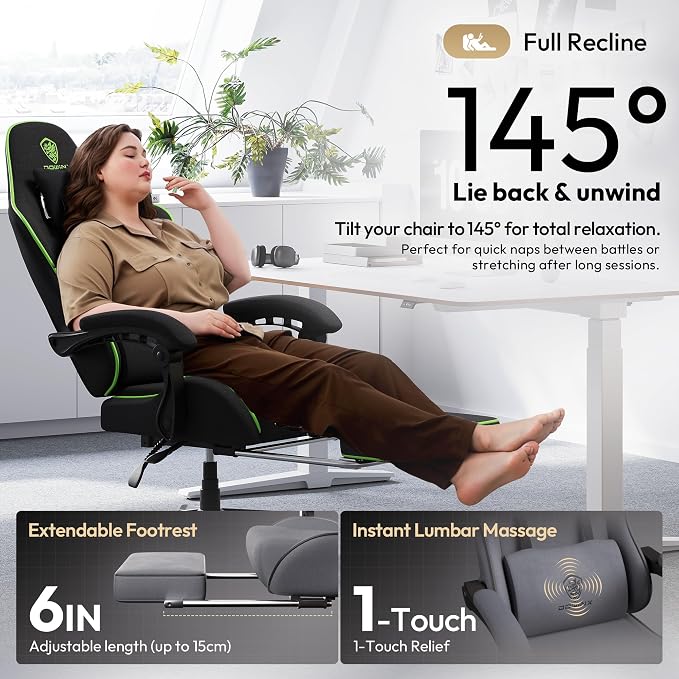 Dowinx Gaming Chair Fabric Big and Tall with Pocket Spring Cushion, Massage Game Chair Cloth with Headrest, Ergonomic Computer Chair with Footrest 350LBS, Black Green
