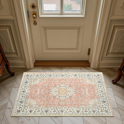 Goideal Washable Rug 2x3, Vintage Area Rugs Non Slip, Indoor Low Pile Carpet with Rubber Backing for Kitchen Bathroom Entryway Office Bedroom,Dusty Rose