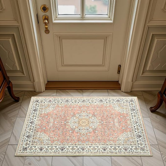 Goideal Washable Rug 2x3, Vintage Area Rugs Non Slip, Indoor Low Pile Carpet with Rubber Backing for Kitchen Bathroom Entryway Office Bedroom,Dusty Rose