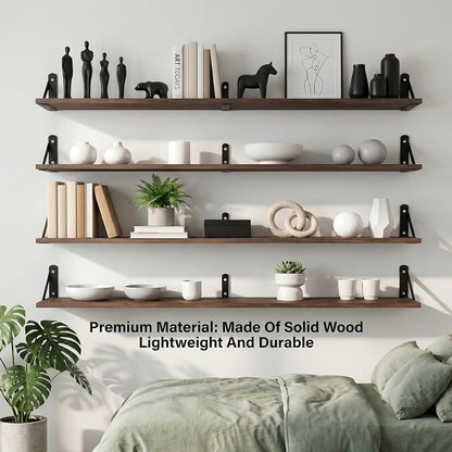 Long Wall Shelf,Large Floating Shelves for Wall,Wood Floating Bookshelves Hanging,Book Storage Display for Living Room Bedroom Office Bathroom Decor,4 Pack,47 Inch,Dark Brown