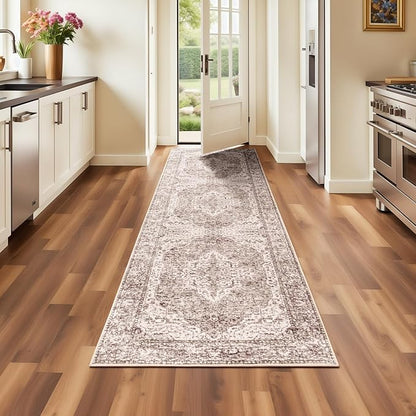 Lofus 2x8 Runner Rug for Hallways, Washable Kitchen Rugs, Non-Slip Rugs for Entryway and Bedroom, Vintage Boho Carpet, Soft Low Pile Long Runner Area Rug, Vintage Beige Brown