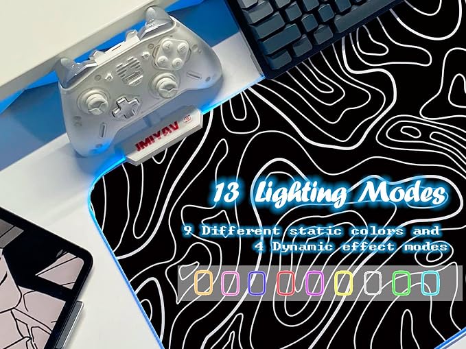 JMIYAV White Gaming Mouse Pad RGB Mousepad 31.5x12In Non-Slip Rubber Base Extra Large Cool XL XXL Computer Desk Pad Gaming Accessories Setup LED Light Up Big Mouse Pad for Gamer Topographic Black