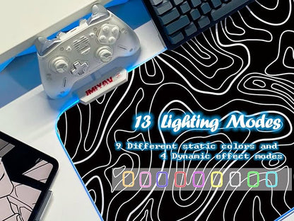 JMIYAV White Gaming Mouse Pad RGB Mousepad 31.5x12In Non-Slip Rubber Base Extra Large Cool XL XXL Computer Desk Pad Gaming Accessories Setup LED Light Up Big Mouse Pad for Gamer Topographic Black