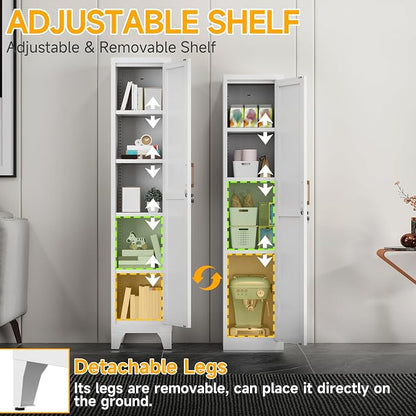 67"H White Metal Locker with 1 Lockable Door and 4 Adjustable Shelves For Employees, 5 Tier Small Storage Cabinet with Detachable Legs and Vintage Handle for Kitchen,Office,Gym,School,Easy Assembly