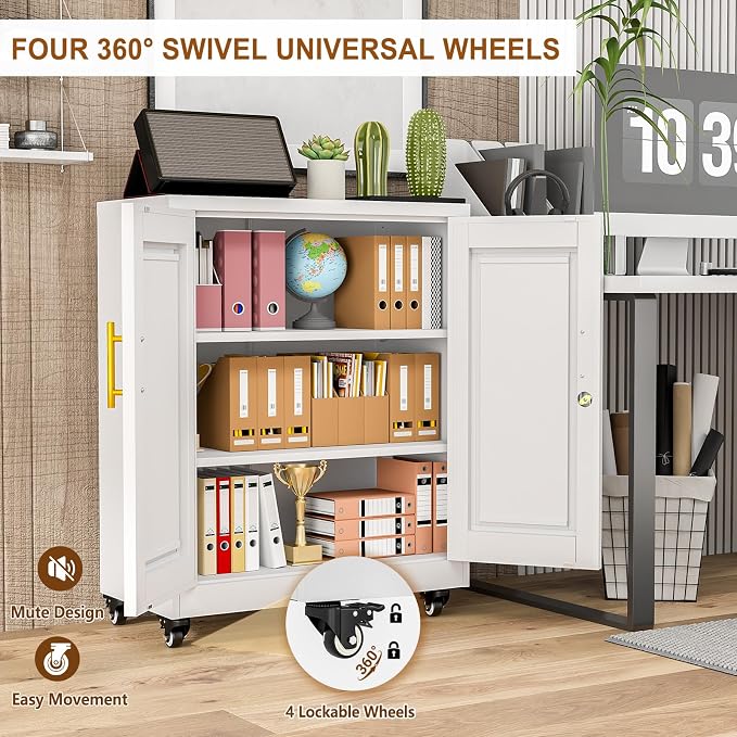 36" Metal Garage Storage Cabinet with Lock and Wheels,Rolling Steel Locker Organizer,Office File Cabinet with 2 Doors and 2 Adjustable Shelves,Tool Cabinets for Home Office,Gym,School (White)