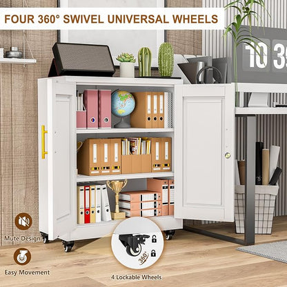 36" Metal Garage Storage Cabinet with Lock and Wheels,Rolling Steel Locker Organizer,Office File Cabinet with 2 Doors and 2 Adjustable Shelves,Tool Cabinets for Home Office,Gym,School (White)
