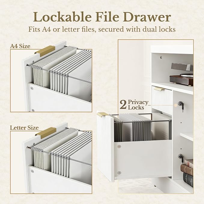 2 Drawer File Cabinet, 32'' Lateral File Cabinet with Lock and AC/USB for Letter/A4 Size, Wood Filing Cabinet with Storage Shelves for Home Office, White