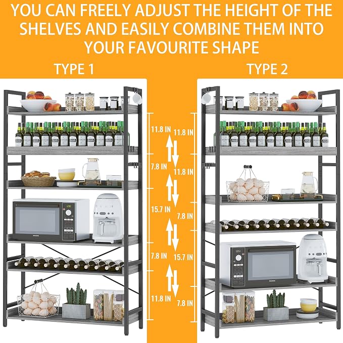 HCHQHS Bookshelf, Adjustable Industrial Bookcase, Vertical Tall Book Shelf, Wood and Black Metal Open Bookshelves for Home Office, Living Room, Bedroom (Grey, 6-Tier (31" W x 70" H))