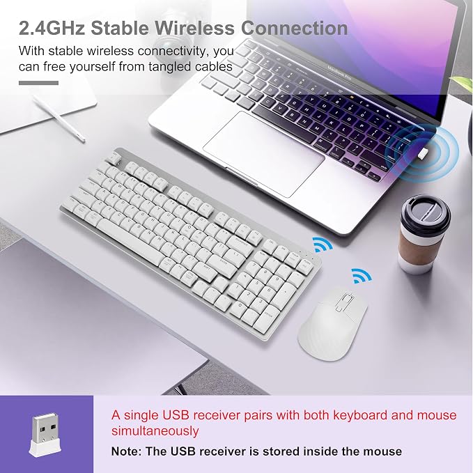 LeadsaiL Wireless Keyboard and Mouse Combo, 2.4Ghz Cordless Mechanical Keyboard and Silent Mouse for Business, Low-Profile Red Switch, 98-Key Compact Slim Keyboard for Windows/MacOS PC Laptop- Silver
