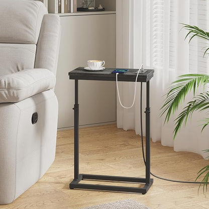 TUTOTAK End Table with Charging Station, Side Table, Tall Couch Table, Sofa Table, Living Room, Bedroom,Grey TB01BY084