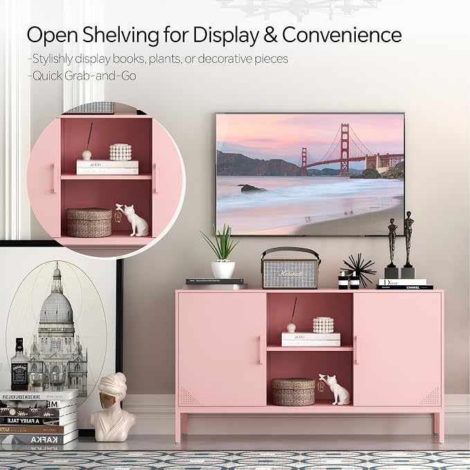 Steehoom Metal TV Stand with Doors and Shelves Modern Metal Storage Cabinet Coffee Bar 2 Door Locker for Office Living Room Kitchen (Pink, 47.24" D x 13.78" W x 29.53" H)