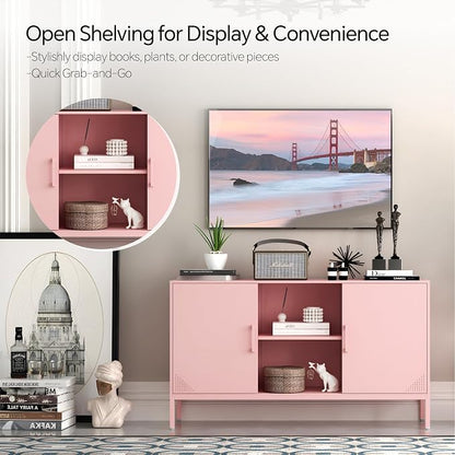 Steehoom Metal TV Stand with Doors and Shelves Modern Metal Storage Cabinet Coffee Bar 2 Door Locker for Office Living Room Kitchen (Pink, 47.24" D x 13.78" W x 29.53" H)