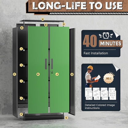 INTERGREAT Metal Lockable Storage Cabinet, 72” Storage Cabinet with 2 Doors and 4 Adjustable Shelves for Office, Home, Garage, Pantry (Black Green)