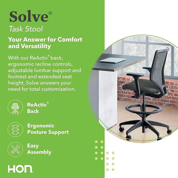 HON Solve Standing Desk Chair with Breathable ReActiv Mesh Back, Adjustable Lumbar Support and Footring, Ergonomic Task Stool with Height Adjustable Arms for Sit‑Stand Workstations, Black