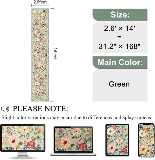 DUKINO 2.6x14 Kitchen Runner Rug, Lightweight Floral Washable Rug for Hallway, Boho Low Pile & Non Slip Backing Soft Floor Carpet for Entryway, Bedroom, Bathroom, Laundry, Green