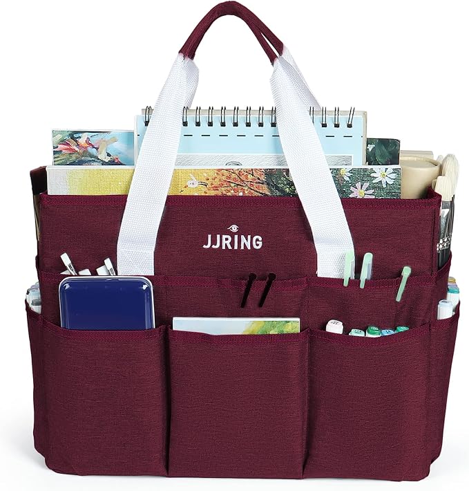 JJRING Craft Organizer Tote Bag, Large Art Storage Caddy with Multiple Pockets, Dark Red Sewing Bag for Art, Craft, Scrapbooking, Medical, and Office Supplies Storage