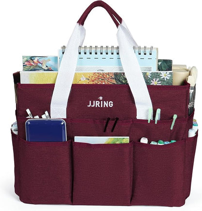 JJRING Craft Organizer Tote Bag, Large Art Storage Caddy with Multiple Pockets, Dark Red Sewing Bag for Art, Craft, Scrapbooking, Medical, and Office Supplies Storage