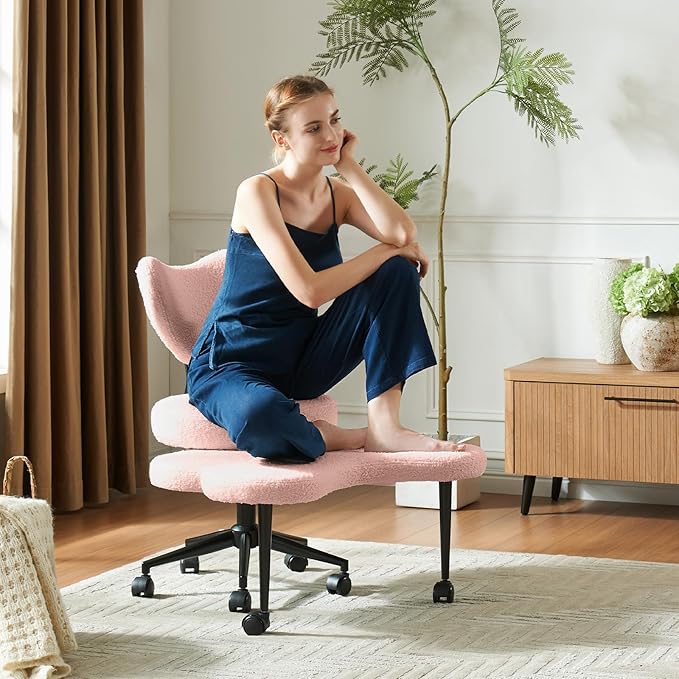 Pinmoco Ergonomic Cross Legged Chair, 360° Swivel Meditation Chair with Wheels, Height Adjustable Seat for ADHD, Strong Lumbar Support, Chic Home Office Furniture, Teddy Fabric, Pink