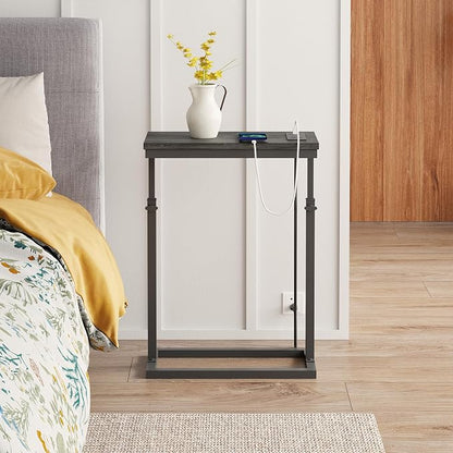 TUTOTAK End Table with Charging Station, Side Table, Tall Couch Table, Sofa Table, Living Room, Bedroom,Grey TB01BY084