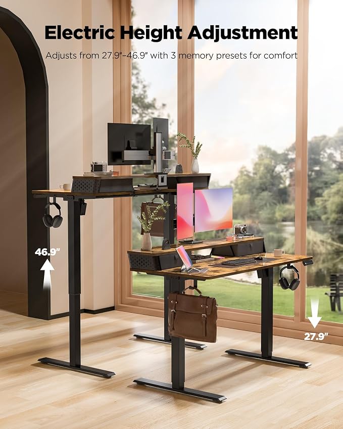 FiCiHi 48x24 Inch Standing Desk with Drawers, C-Clamp Mount Compatible, Electric Adjustable Height Computer Stand Up Desks, Home Office Sit Stand Table with 3 Preset Heights, Rustic Brown