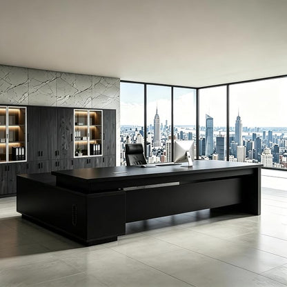 L Shaped Executive Desk with Drawers, Modern Large Wood Home Office Desk, Computer Desk with Storage for Boss Office Workstation