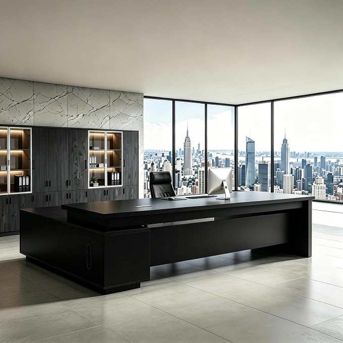 L Shaped Executive Desk with Drawers, Modern Large Wood Home Office Desk, Computer Desk with Storage for Boss Office Workstation