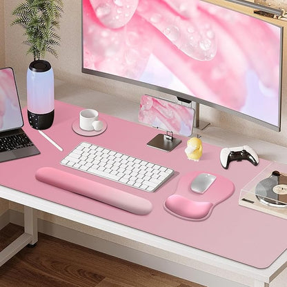 4-in-1 Large Gaming Mouse Pad, Keyboard Wrist Rest Pad & Wrist Support Mousepad Set, Extended Desk Pad Waterproof Desk Mat for Home Office Decor Study Game 35.4×15.7 Inches I Gradient Pink Blush