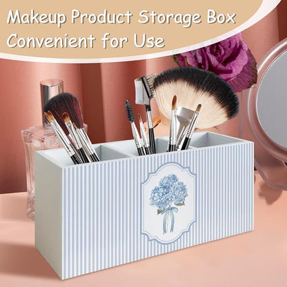 Hydrangea Pen Pencil Holder Organizer for Desk, Hydrangea Gifts, Hydrangeas Kitchen Cooking Makeup Brush Utensil Holder, Blue and White Bow Floral Wooden Box Sign for Home Office Tabletop Decor