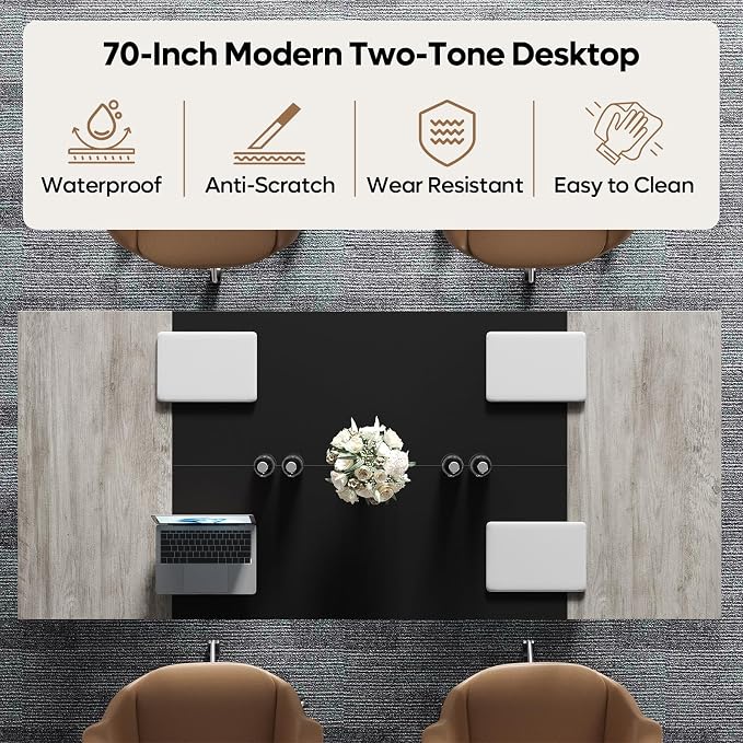 Bestier 70 Inch Large Executive Desk, Modern Simple Computer Office Desk with Thickened Desktop, Wood Metal Conference Room Table for Home Office, Business & Writing, Grey