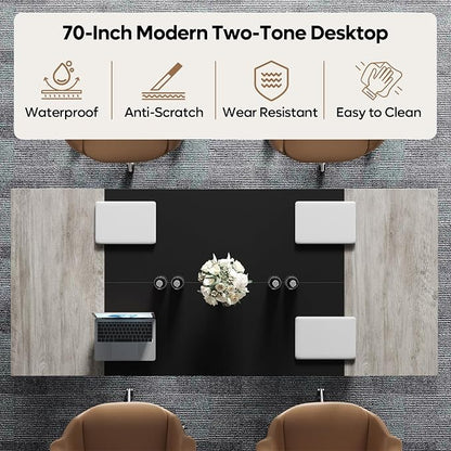 Bestier 70 Inch Large Executive Desk, Modern Simple Computer Office Desk with Thickened Desktop, Wood Metal Conference Room Table for Home Office, Business & Writing, Grey