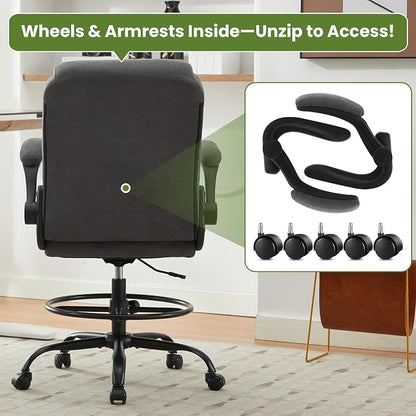 Drafting Chair Tall Office Chair for Standing Desk, Ergonomic Tall Desk Chair with Adjustable Foot Ring, Flip-Up Armrests, Lumbar Support, Comfortable Fabric Seat – Ideal for Home and Office Use