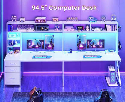 SEDETA Corner Computer Desk, Convertible 94.5" Gaming Desk with Storage Drawers, Hutch and Pegboard, L Shaped Office Desk with Power Outlet, LED Lights for Home Office, White