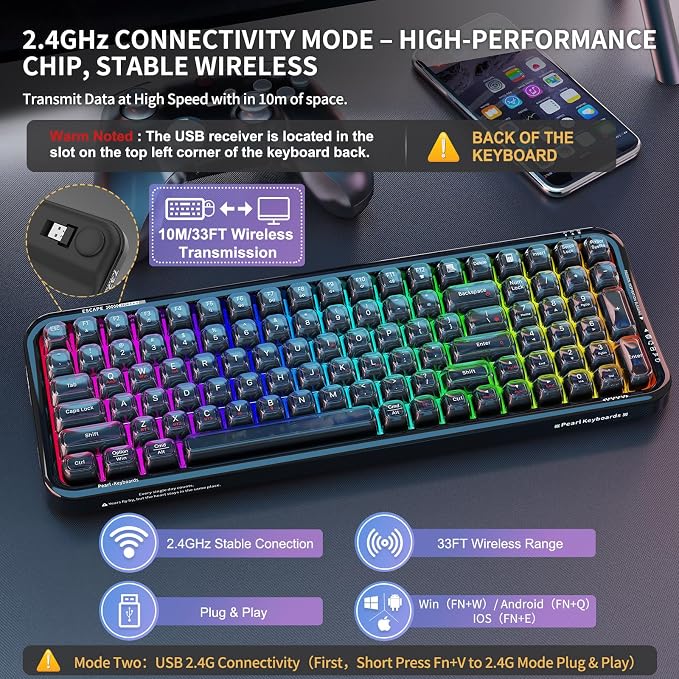 FOPETT Wireless Computer Keyboard with RGB Backlit, Tri-Mode Bluetooth 5.0/USB-C/2.4GHz Gaming Keyboard, Full Size Layout, Ergonomic Curved Design for Windows Mac PC Gamers & Office-Black