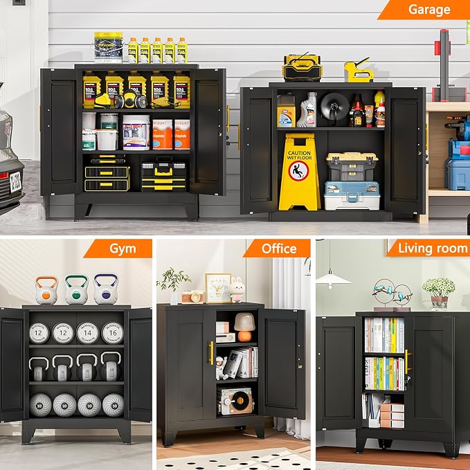 Metal Tool Storage Cabinet with Doors and Adjustable Shelves, Small Locking Garage Storage Cabinet, Black Steel Tool Cabinets with Leveling Feet for Garage, Basement, Office, Utility Room