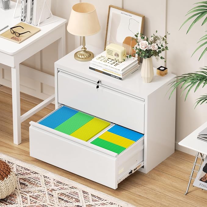 Crownland Lateral File Cabinet with 2 Drawers, 28" W Metal Lockable File Cabinets for Home Office, Office Cabinet for Storage Legal/Letter/A4/F4 Files(White)