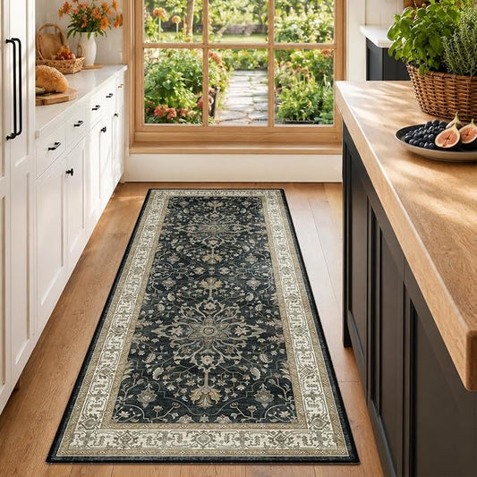 RELEANY Area Rugs Runner 2'x6' Washable Non-Slip, Floral Vintage Distress Medallion Carpet for Kitchen Hallway Bedroom Beside Laundry Room Bathroom, Vintage Black Brown Neutral