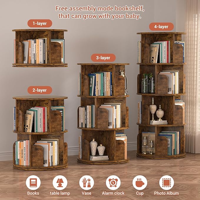 Besiost Rotating Bookshelf, Corner Bookshelf, 360 Display Wood Spinning Bookcase Storage Rack, Floor Standing Revolving Bookcase Narrow Book Shelf Organizer for Small Space, Bedroom, Rustic Brown