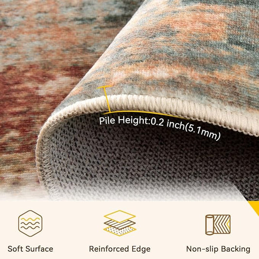 RELEANY Washable Area Rugs Square 9ft Non-Slip Modern Abstract Soft for Living Room Entryway Bedroom Kitchen, Print Pattern, Brown Rust Red Green Blue Multi