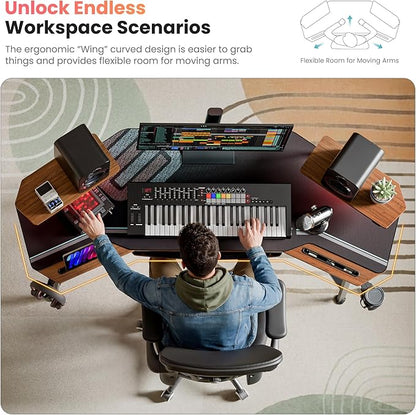 EUREKA ERGONOMIC 72" Gaming Desk W Keyboard Tray, Wing-Shaped Music Studio Desk, Large Computer Table W LED Convertible Monitor Stand Dual Headphone Hanger for Recording Live Streamer, Walnut Wood