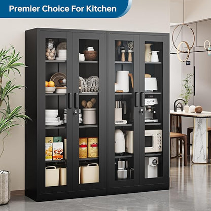 PEUKC Display Cabinet with Glass Doors, 71 Inches Metal Display Case with 4 Adjustable Shelves, Curio Storage Cabinet with Lock for Home, Office, Book, Pantry, Assemble Required (Black)