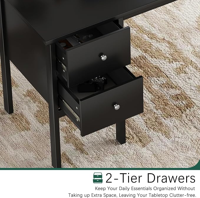 BHG Computer Desk with Drawers,Modern White Home Office Desk with Storage Filing Cabinet, Vanity Desk Makeup Dressing Table for Bedroom,Small Writing Table PC Desks for Study (Black, 43.3")