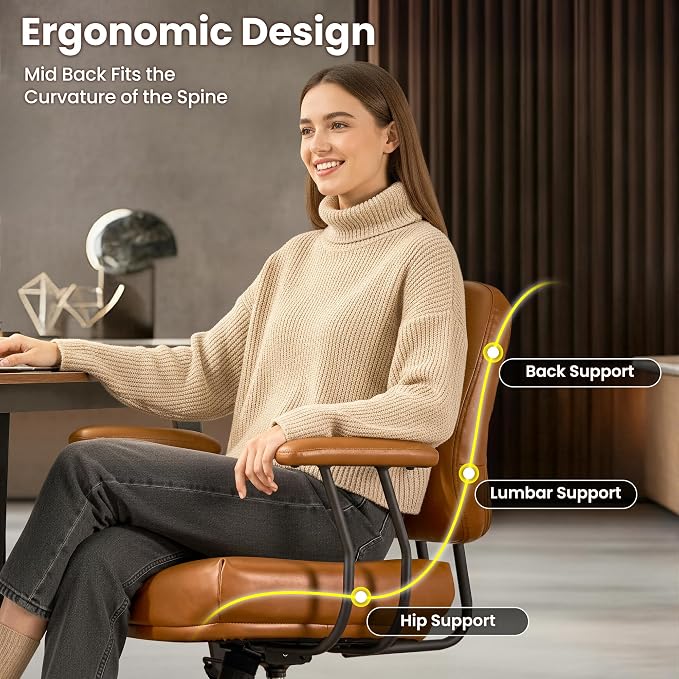 ovios Ergonomic Office Chair, Mid Back Faux Leather Executive Chairs with Thick Cushion, Comfy Mid-Century Modern Swivel Rolling Computer Armchair (Brown, PU Leather)
